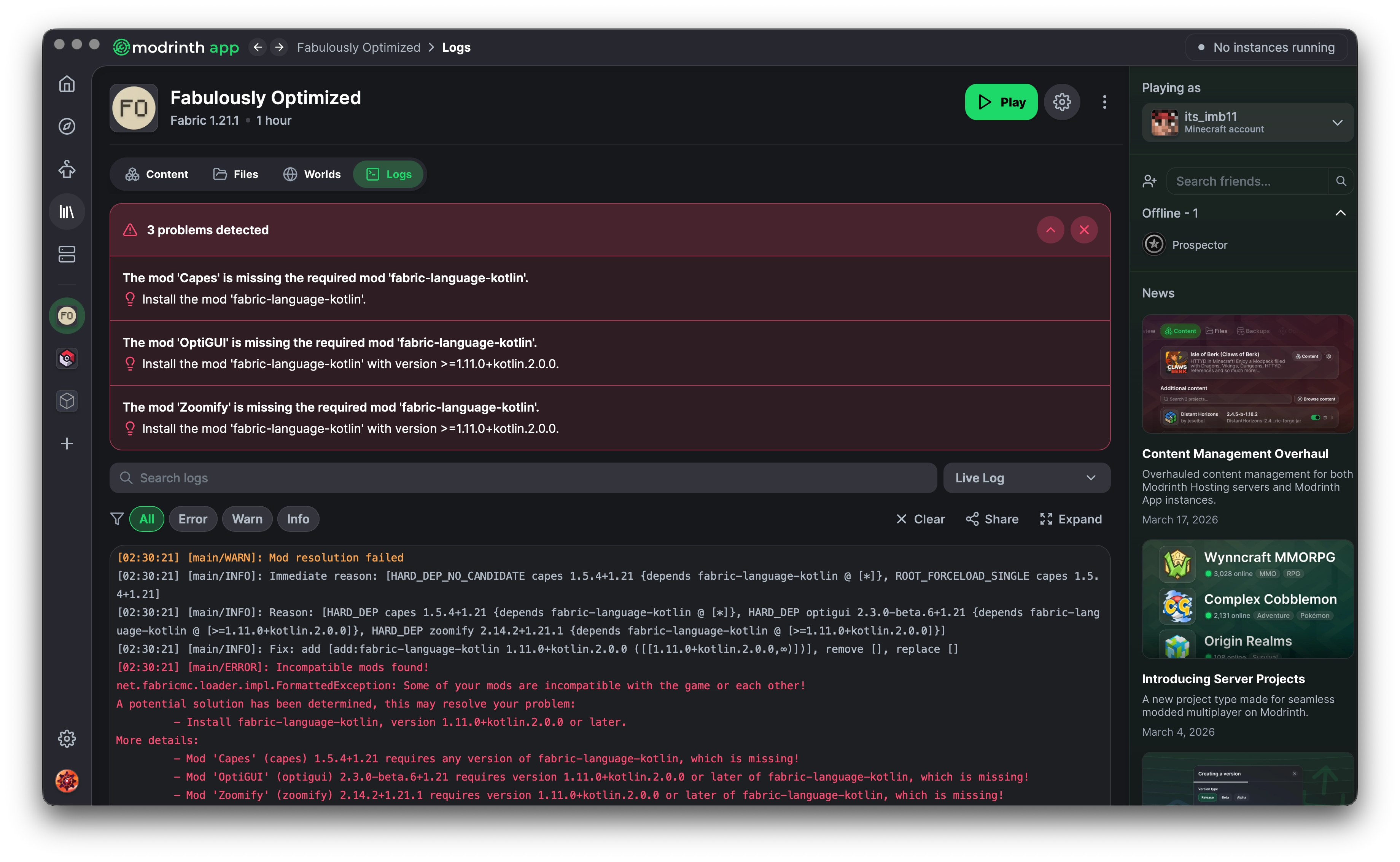 A screenshot of an instance's logs page, showing a few detected errors from the selected log file